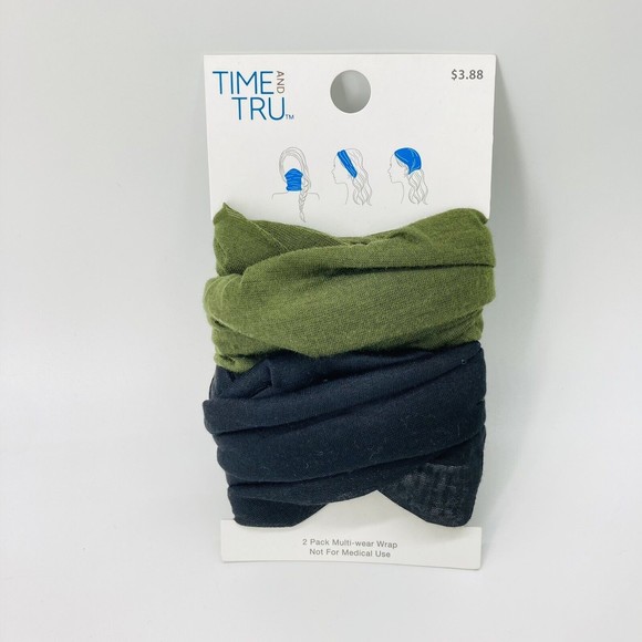 Time & Tru Women's Multi Wear Head Wrap 2 Pack Face Covering Black & Olive Green - Picture 1 of 2